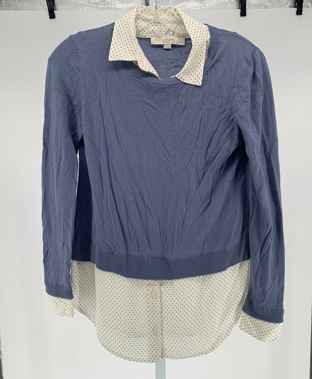 Ann Taylor LOFT faux layered sweater blue polka dot silk blend SP small petite